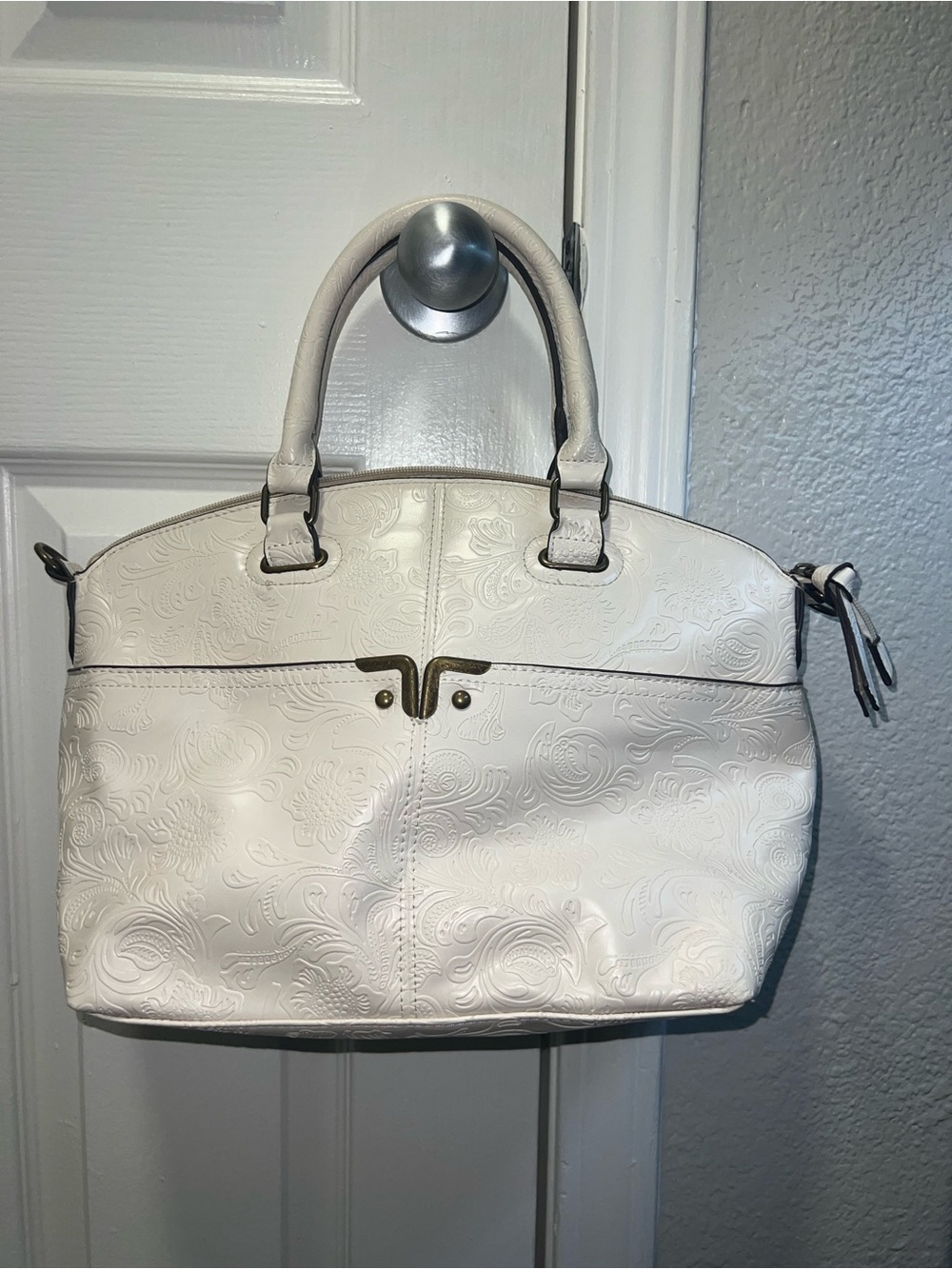 Elegant White Embossed Satchel Handbag
